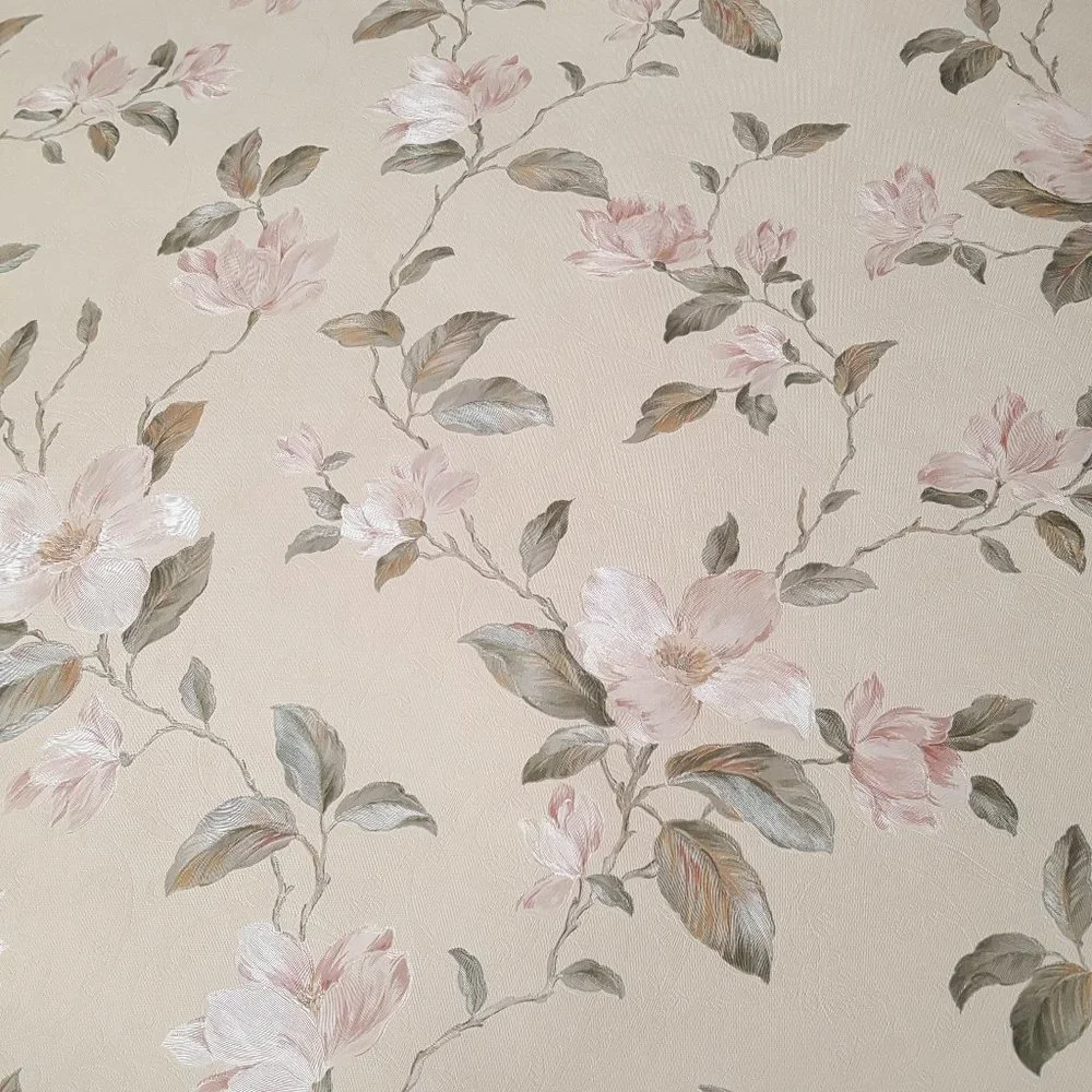Vintage Vinyl Wallpaper Opalescent Rose w/Green Floral on Off-White *AS IS*